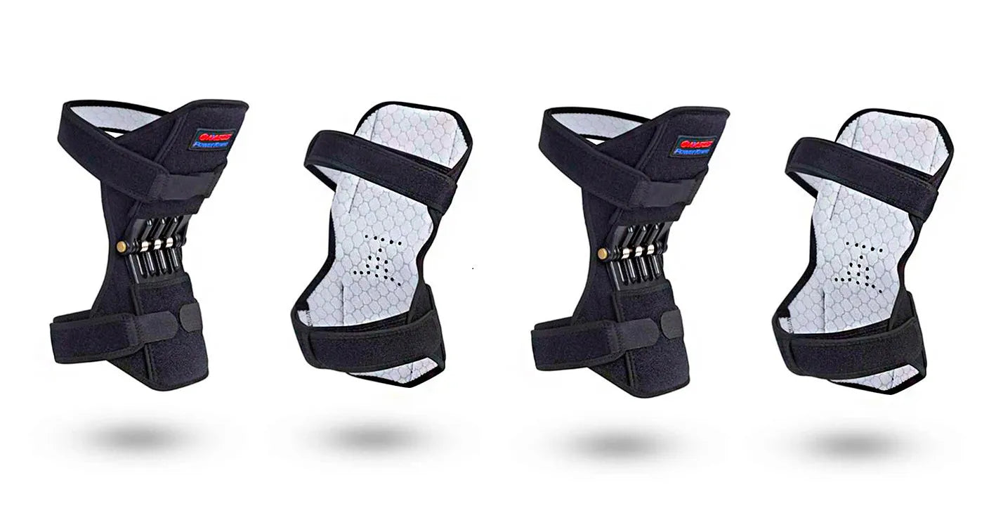 Adjustable spring knee brace support for patella, shown in black colour.