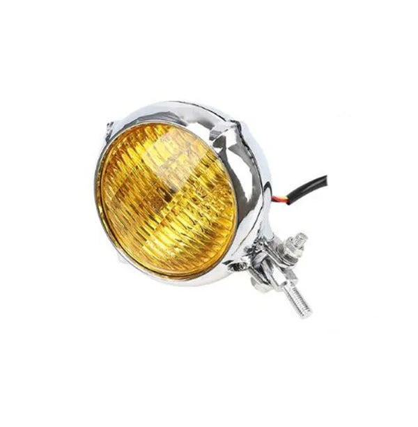 Black aluminium Harley retro headlight with 8cm diameter and yellow halogen bulb