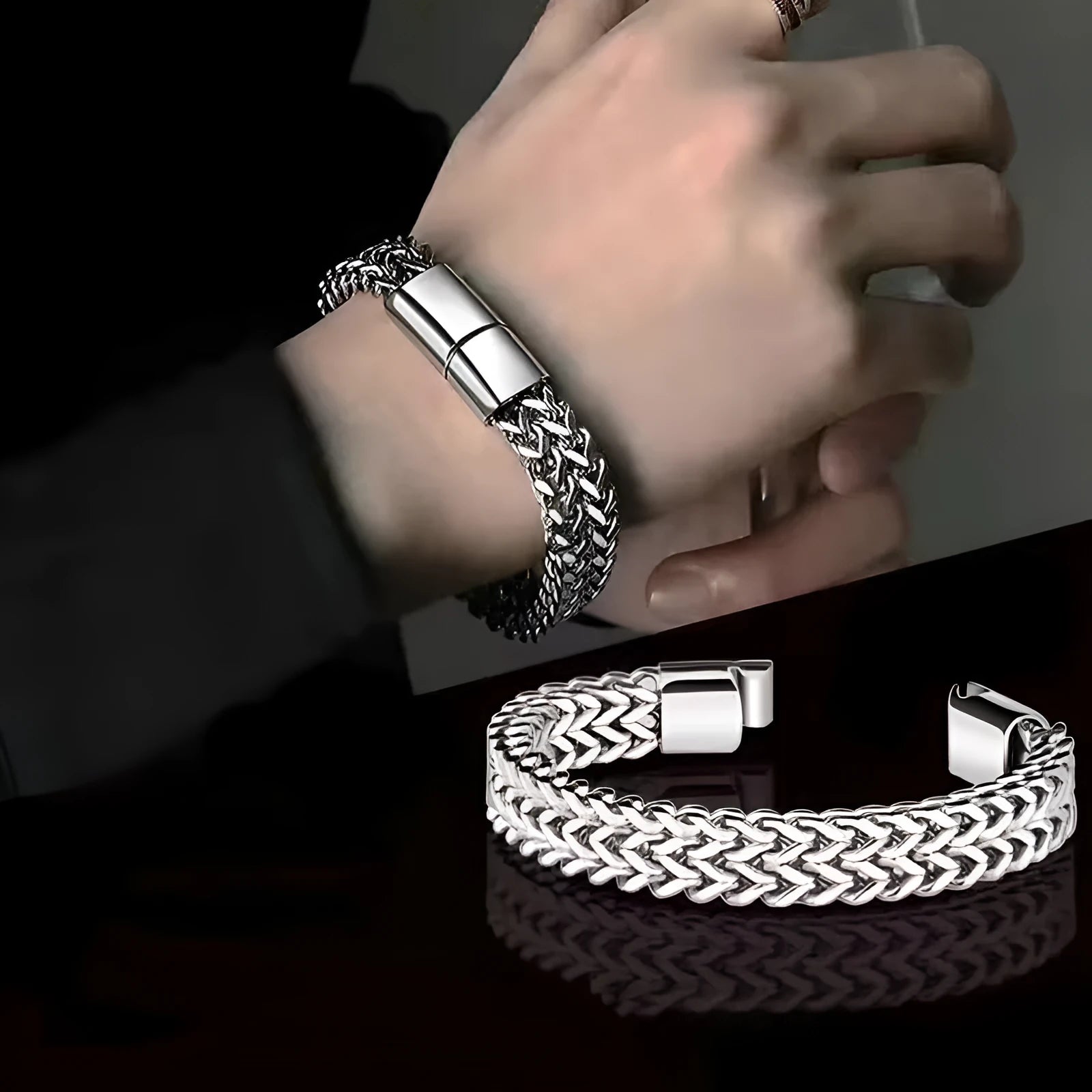 Silver titanium steel hip hop bracelet with geometric design showing front and back view