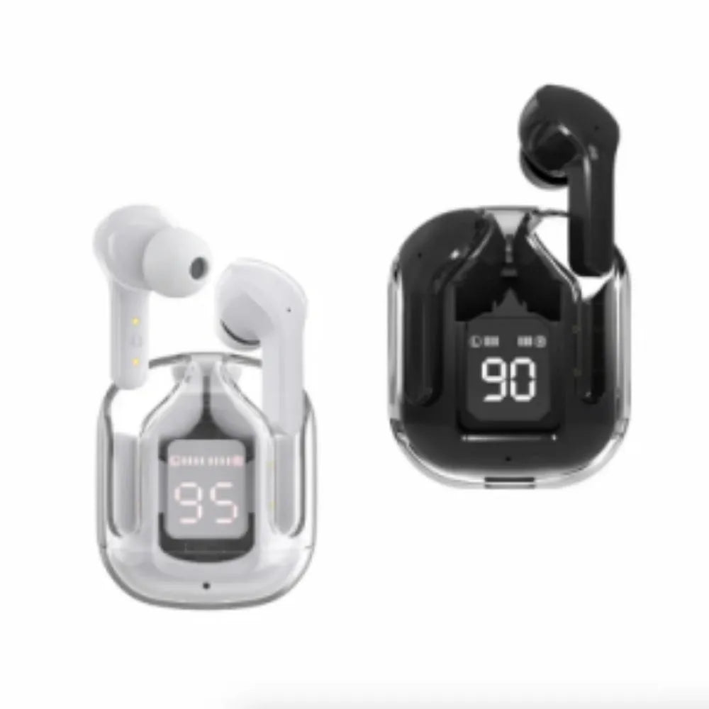 True wireless Bluetooth earphones with transparent space capsule charging case showing digital display screen