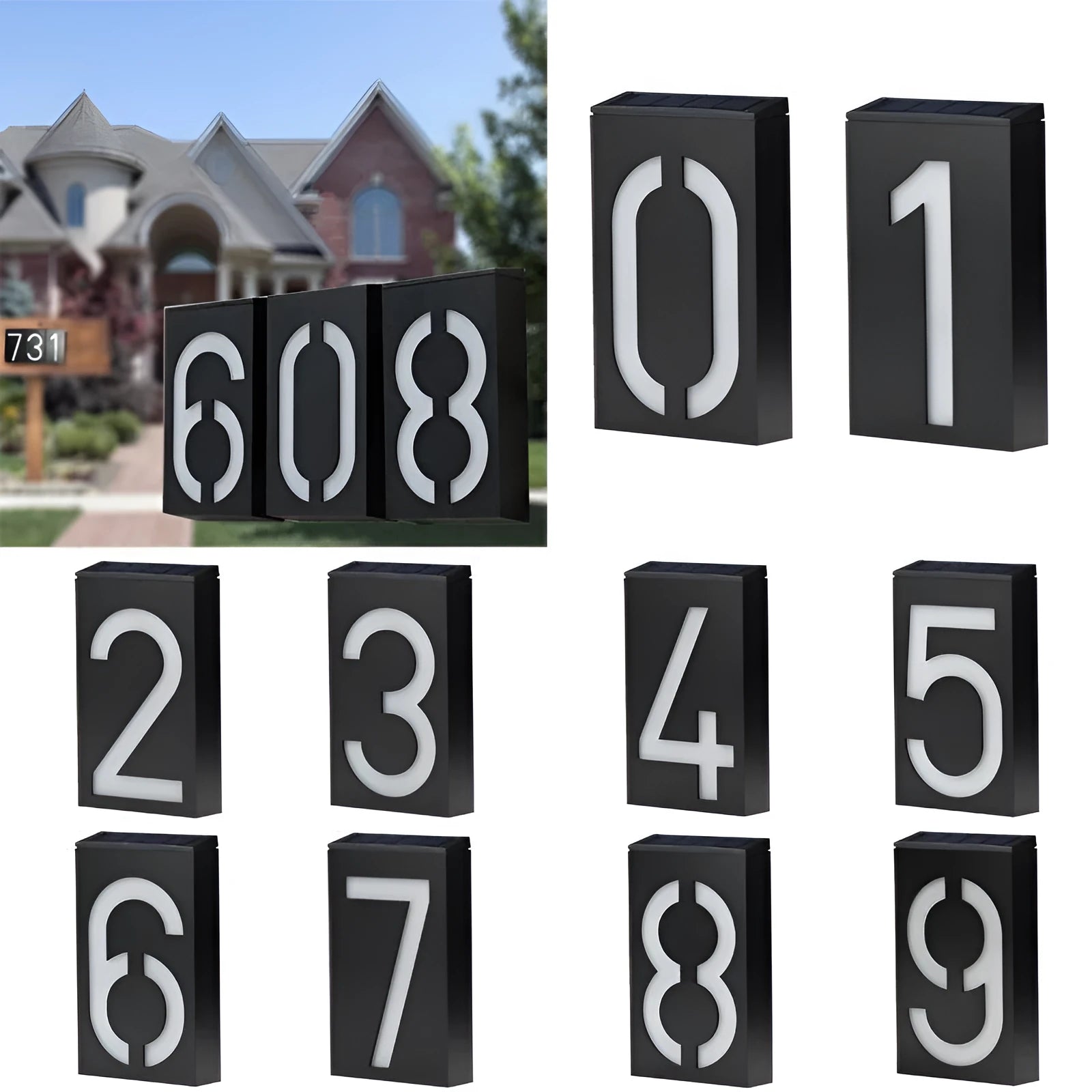 Solar-powered white LED house number light mounted on an outdoor wall