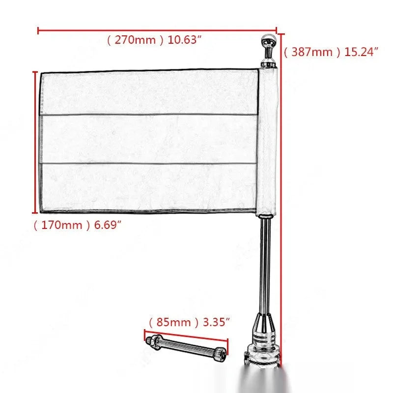 Motorcycle rack-mounted flagpole with German flag design in black or silver finish for side box or luggage rack attachment