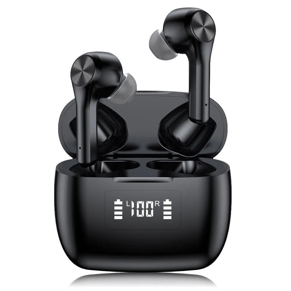 Wireless touch control earphones in black or white with charging case showing NFC pairing capability