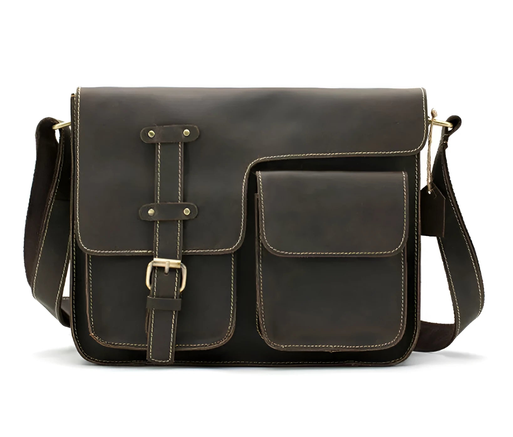 Brown leather vintage messenger bag with adjustable strap and buckle closure