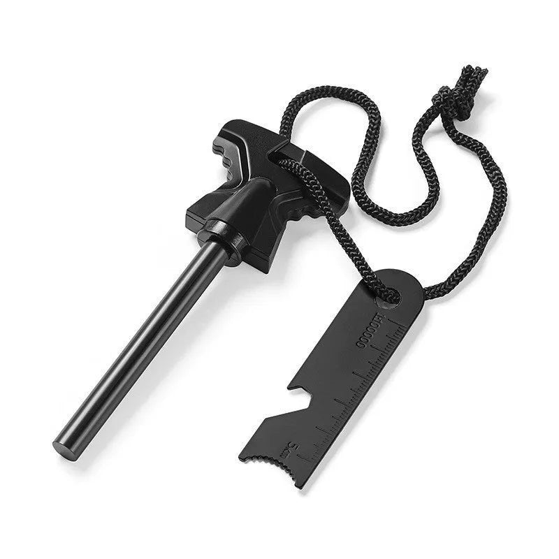 Butterfly-shaped stainless steel survival tool with a fire starter rod and integrated bottle opener.