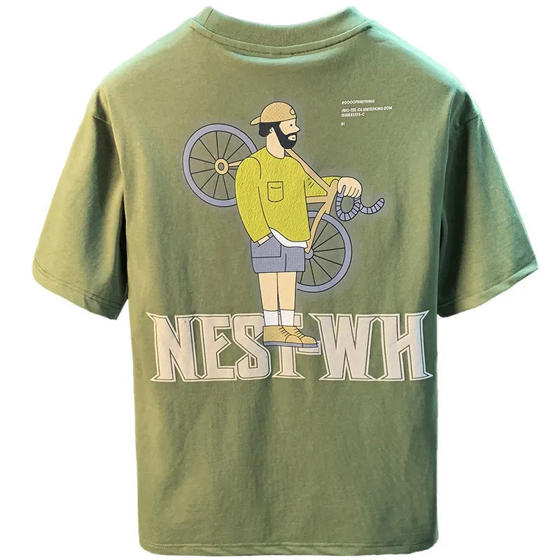 Green men's loose fit t-shirt with trendy printed design and short sleeves