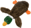 Green wild duck design stuffless dog toy with squeakers in head and tail sections