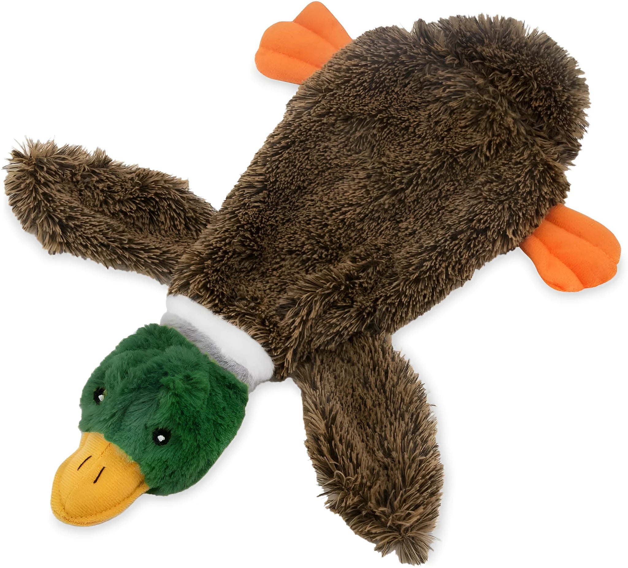 Green wild duck design stuffless dog toy with squeakers in head and tail sections