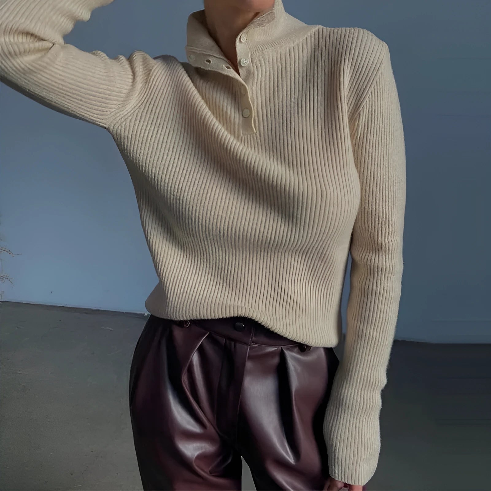 Retro breasted half turtleneck slim fit pullover sweater in silver gray or rice apricot