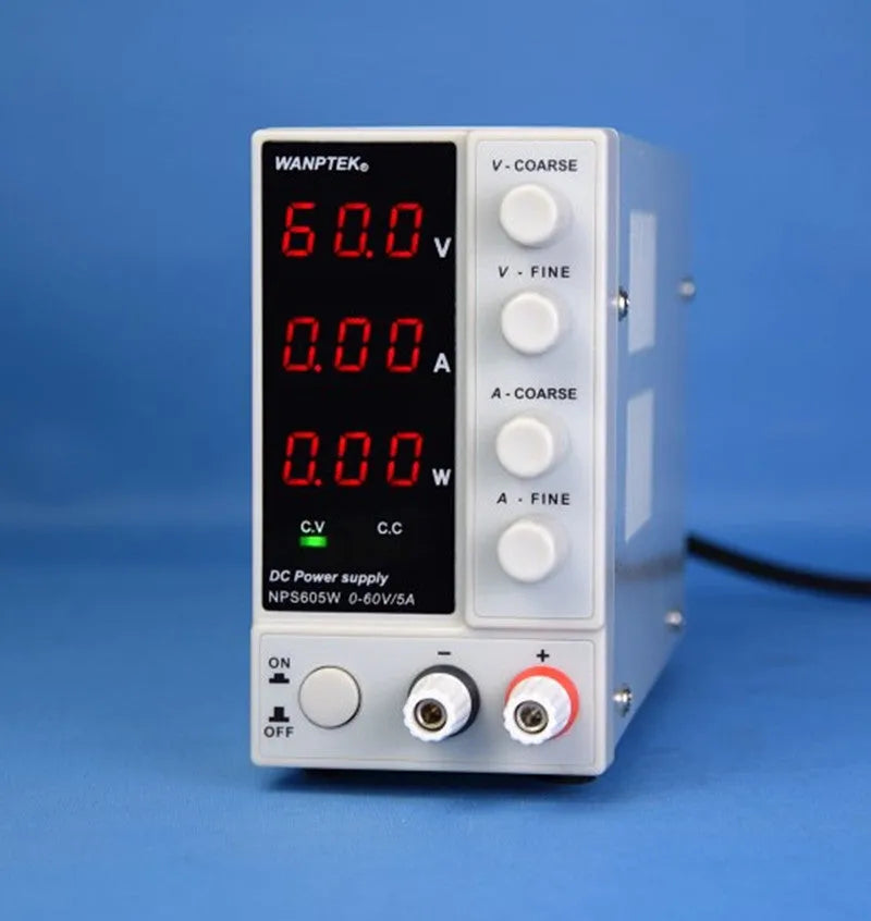 White S605W adjustable laboratory DC power supply with voltage and current control dials.