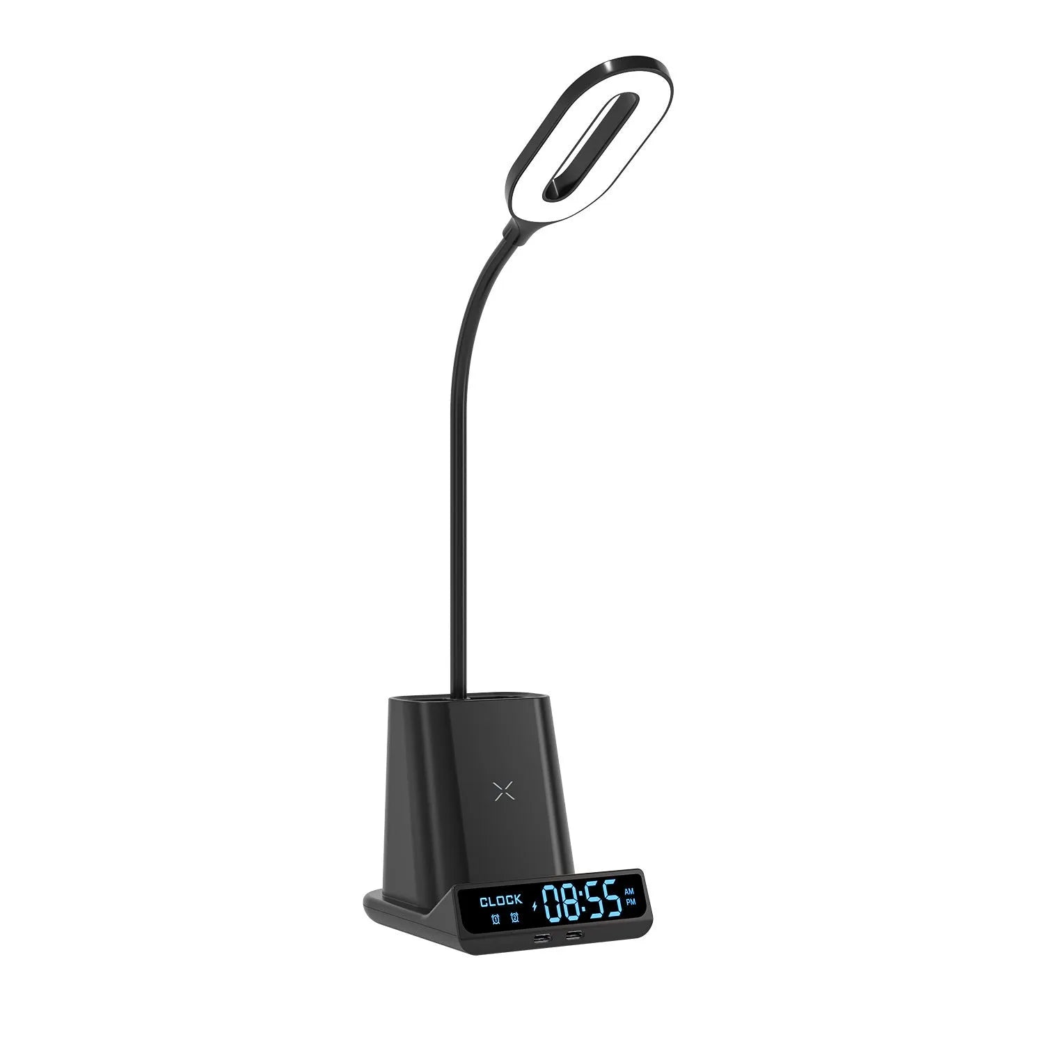 Modern desk lamp with wireless charging surface and integrated pen holder storage compartment
