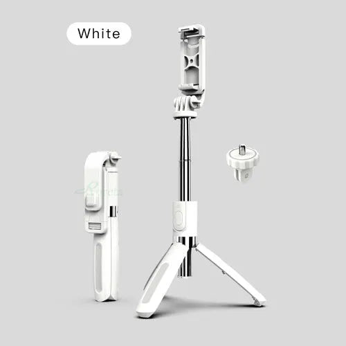 Black and white Bluetooth selfie stick with wireless remote, shown extended next to its compact tripod base.