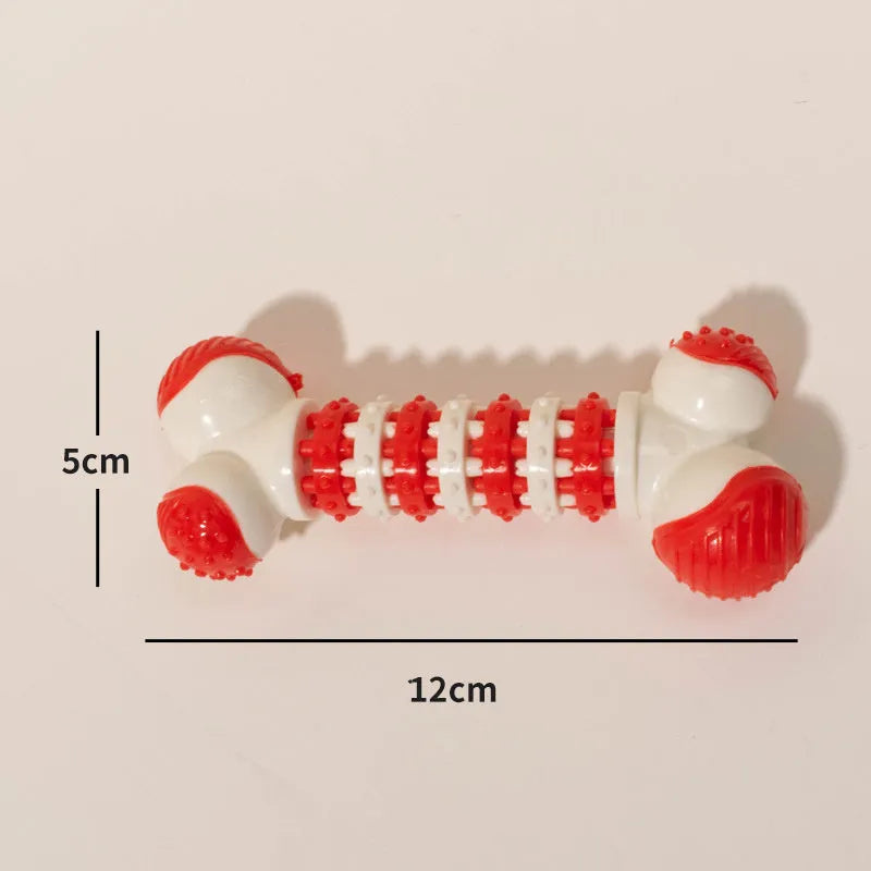 Blue bone shaped interactive dog chew toy with a treat holder in the centre for small breed dogs