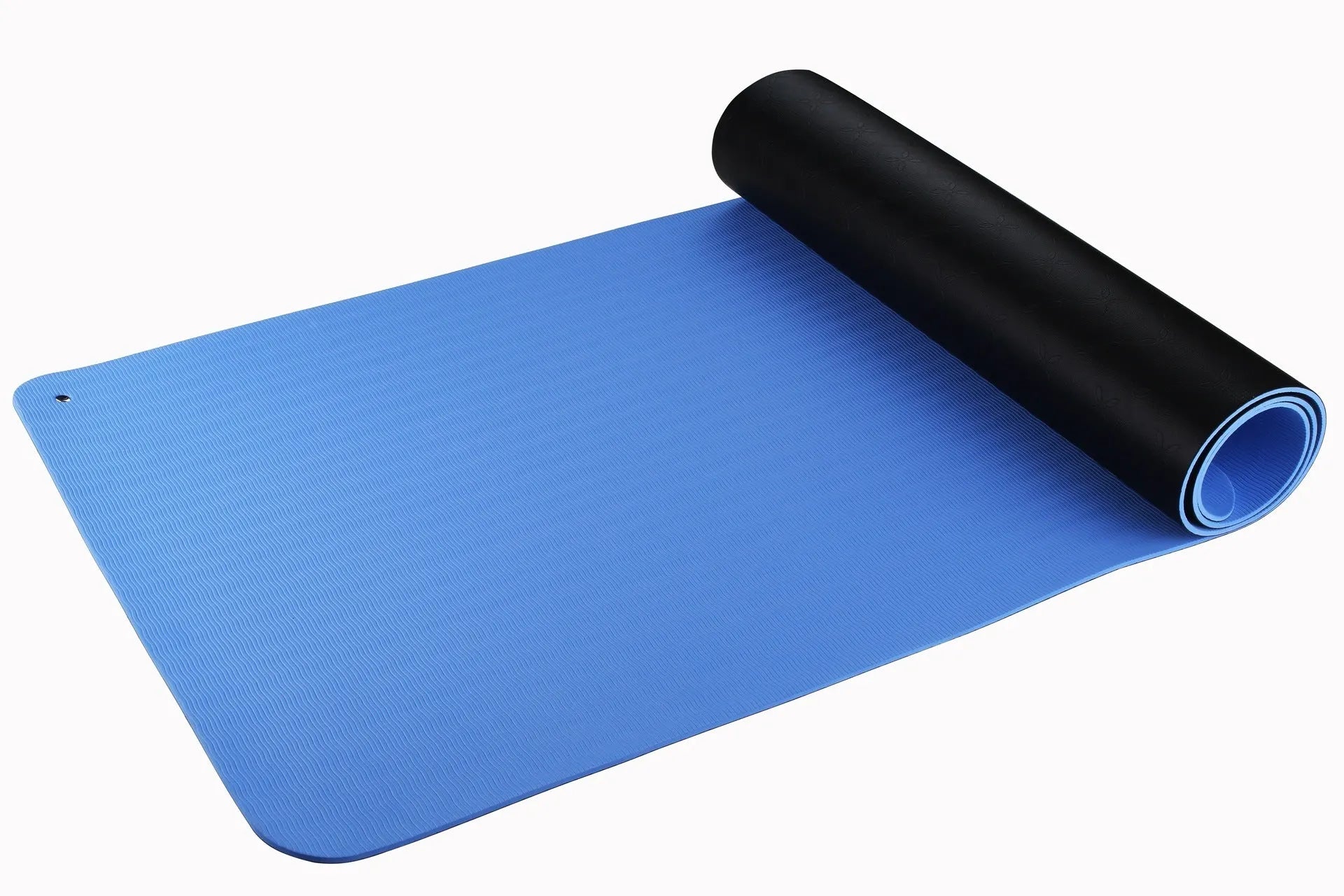 Blue conductive yoga mat with floral pattern, 182cm length, 5mm thickness, and grounding wire
