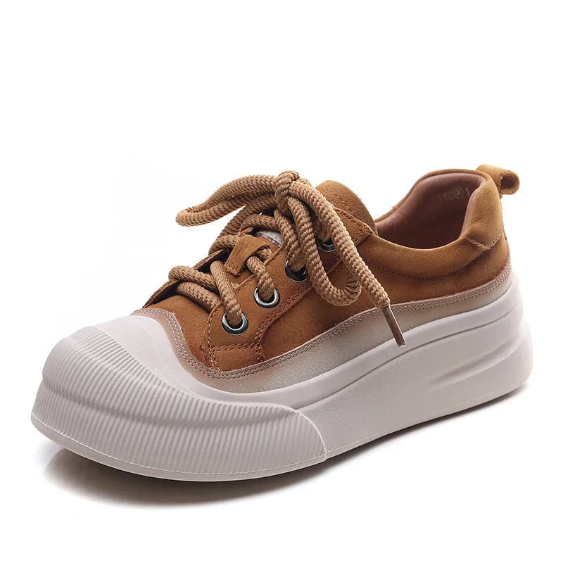 Women's yellow leather lace-up casual shoes with round toe and rubber sole.