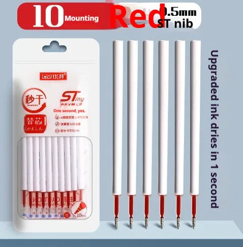 Quick-drying ballpoint pen refill with 500m writing length in black, red, blue, and ink blue colours.