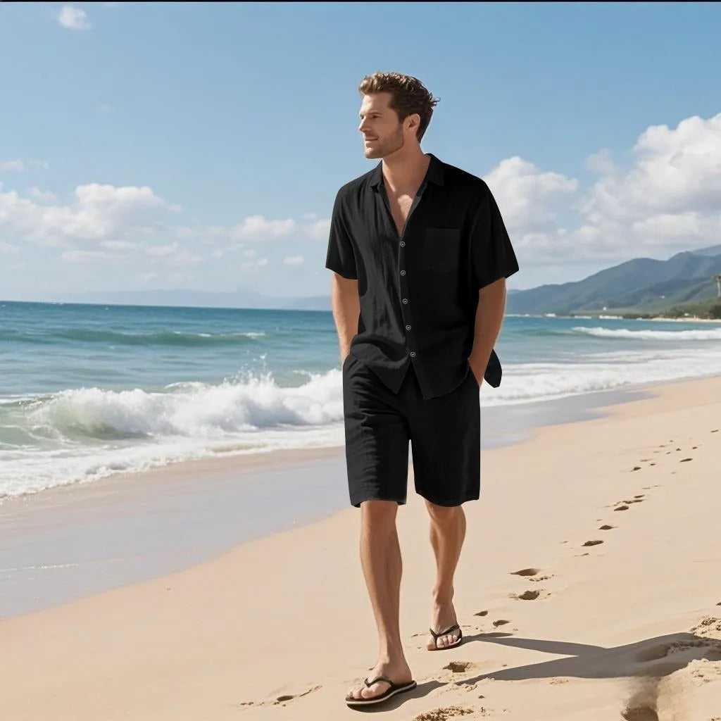 Men's light blue linen blend short sleeve shirt and matching shorts laid flat.