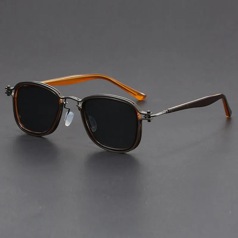Retro square frame sunglasses in plastic and metal with AC lenses shown in a choice of six colours.