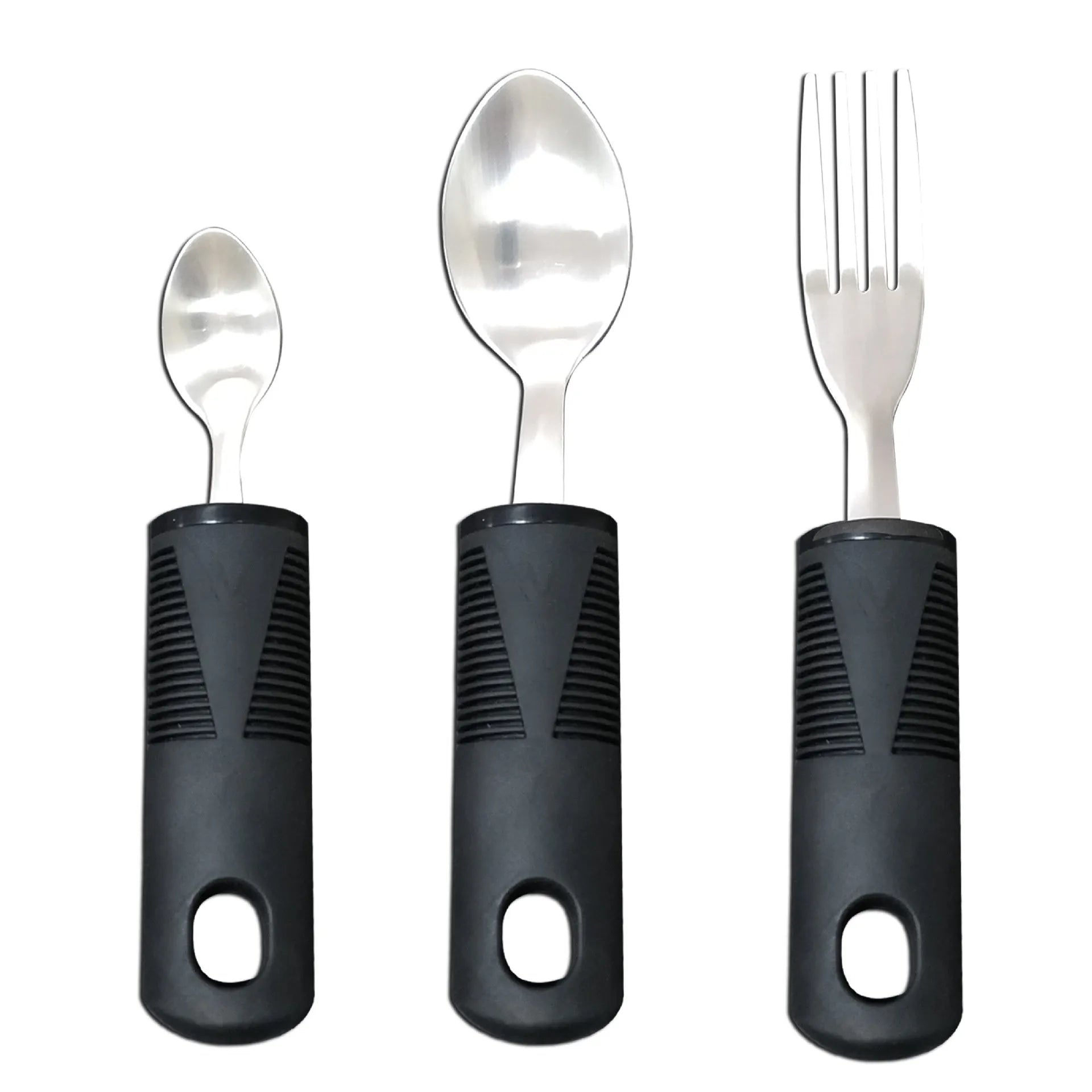 Stainless steel adaptive spoon with black rubber anti-shake handle for elderly food aid.