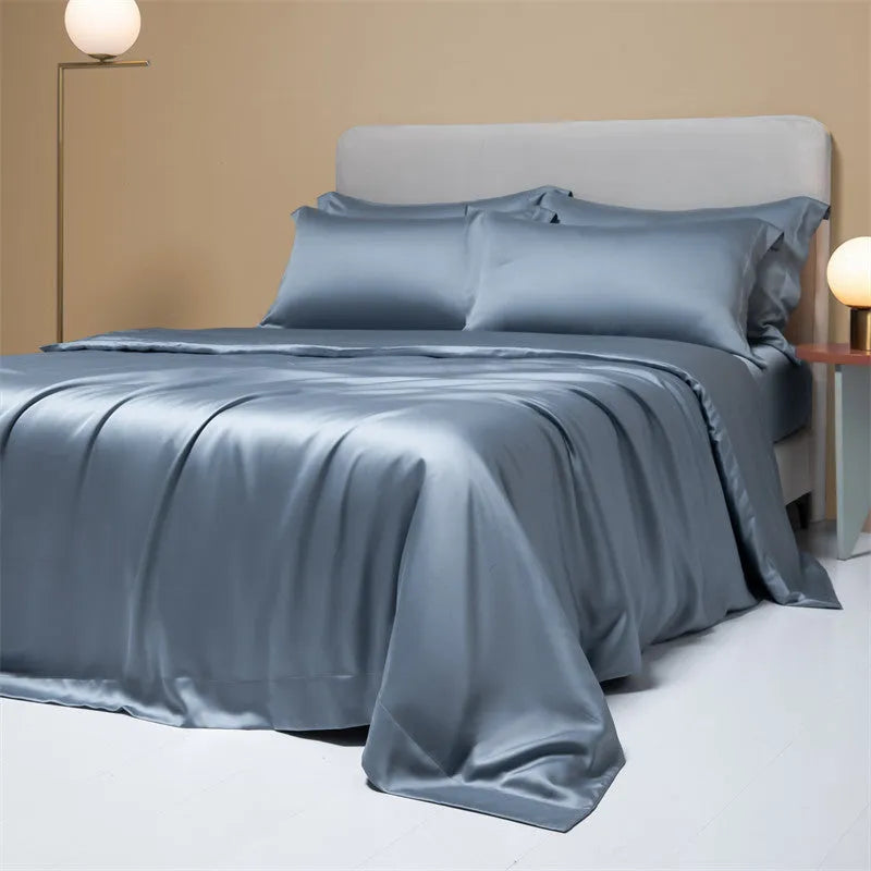 Lenzing Tencel 200 thread count bedding set in satin weave showing Aurora Blue quilt cover and pillowcases