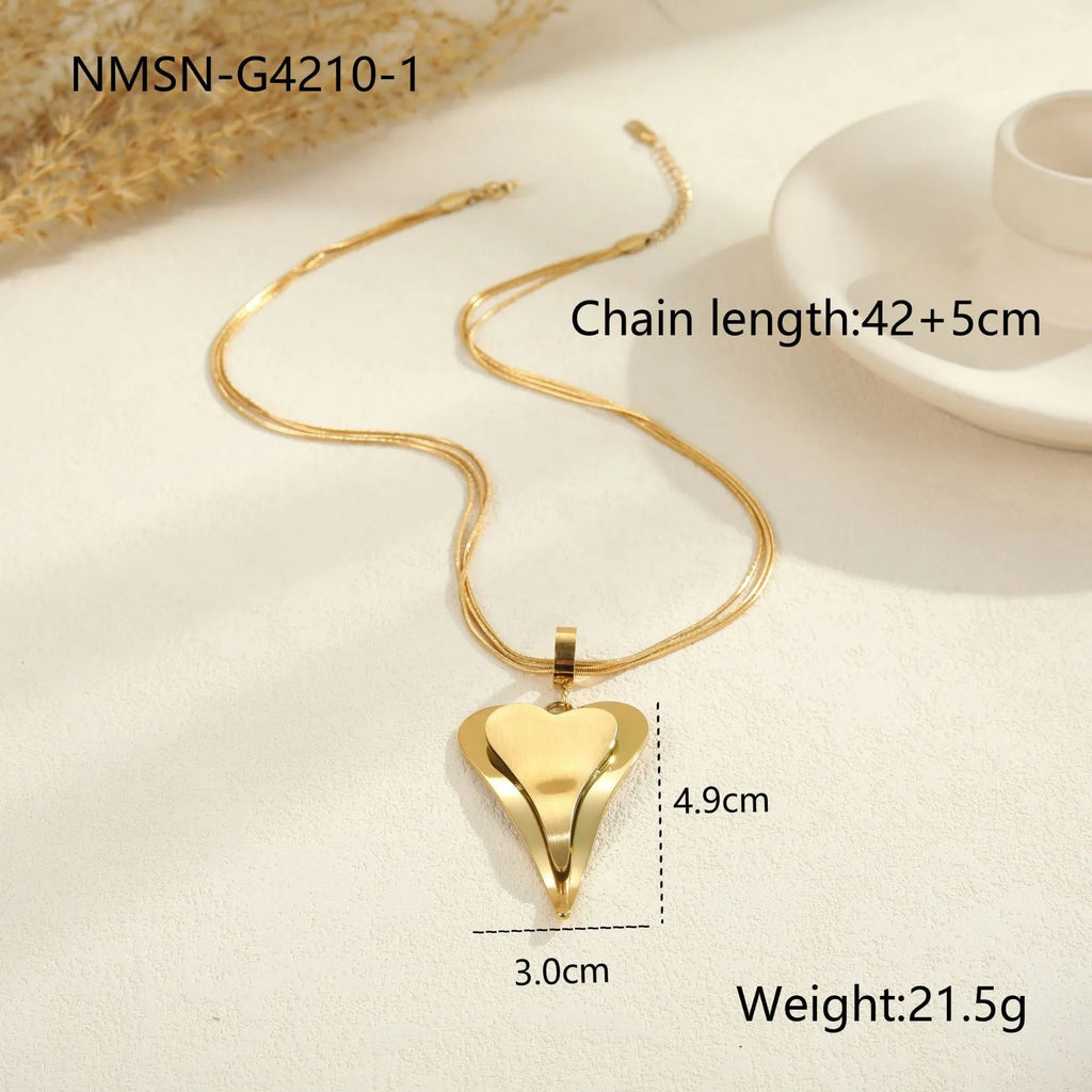 Double heart snake bones geometric pendant necklace in stainless steel with gold or steel finish