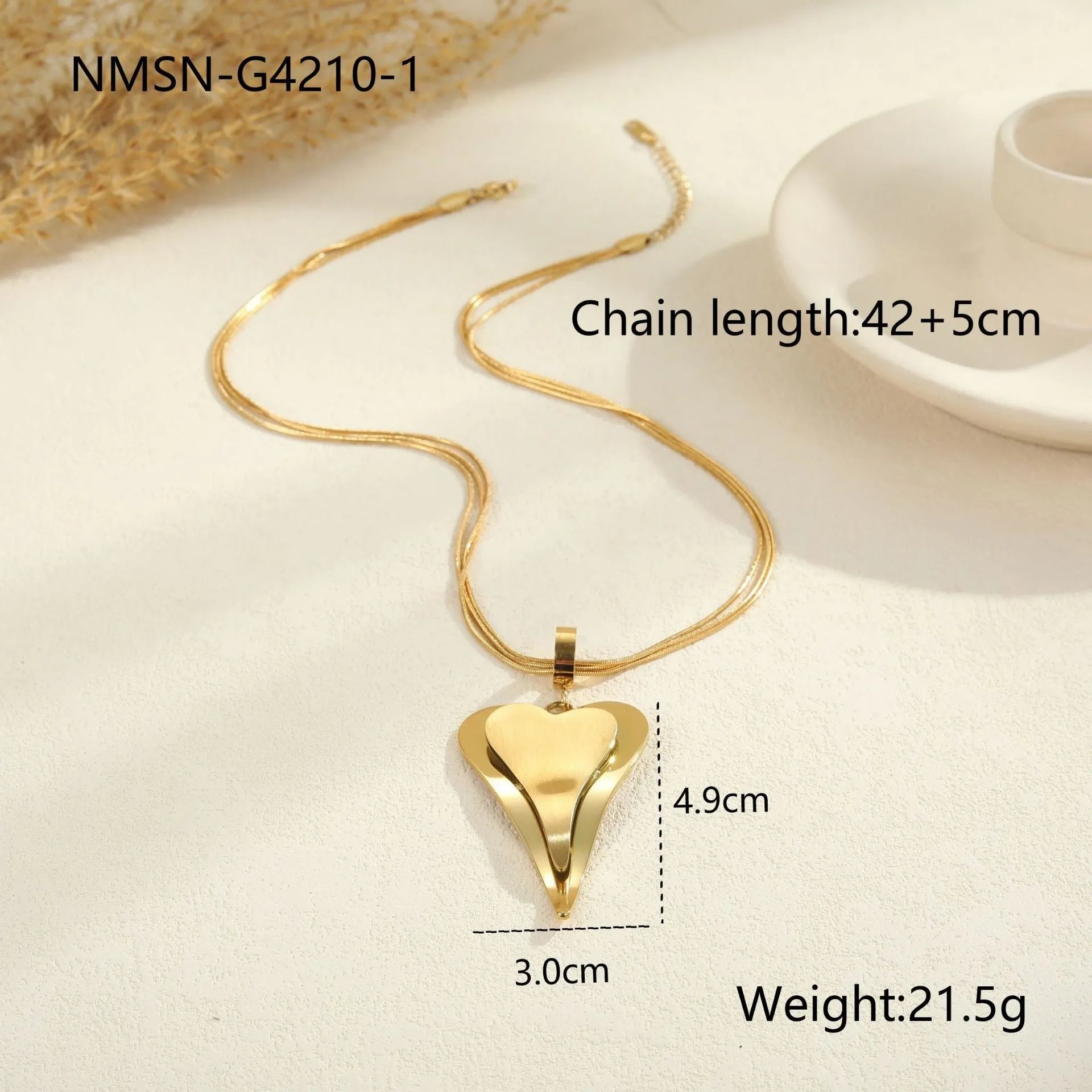 Double heart snake bones geometric pendant necklace in stainless steel with gold or steel finish