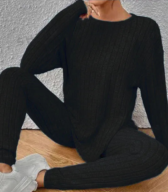 Sunken stripe fashion casual polyester two-piece homewear set in black or blue colours