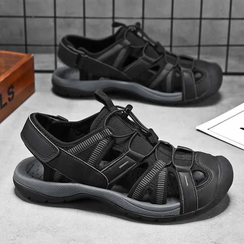 Men's blue casual sports shoe with Velcro straps, mesh upper, and rubber sole.