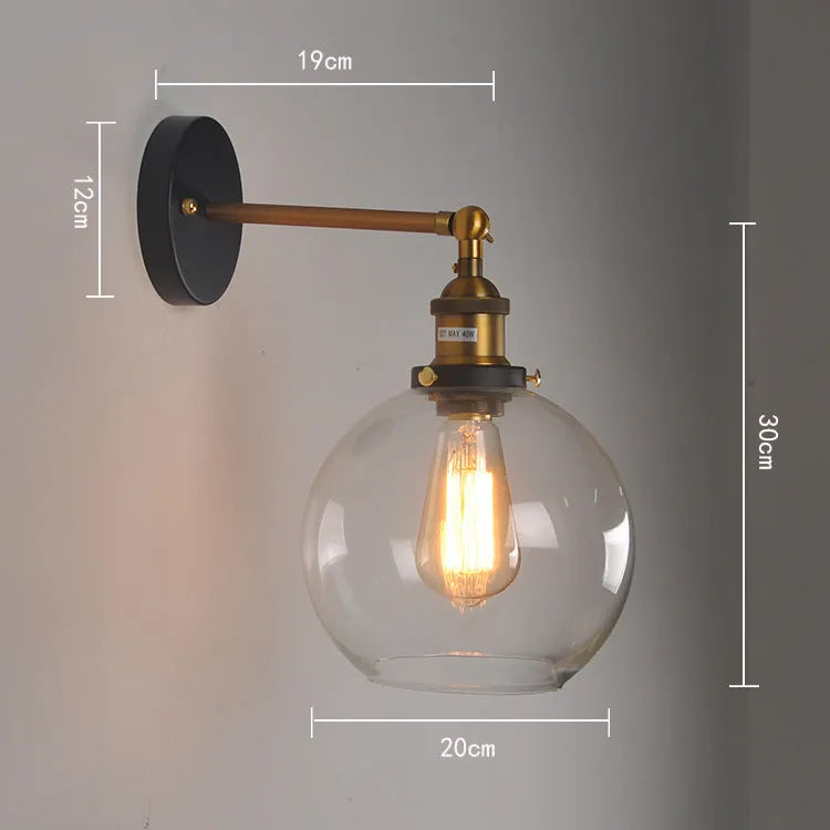 20cm retro round ball glass wall lamp in transparent, amber or smoky grey finish