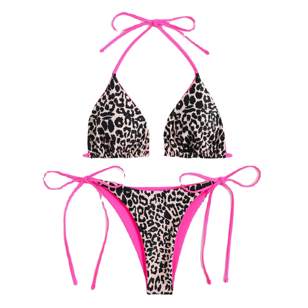 Women's lace-up triangle bikini set with split-leg briefs in multiple colour options