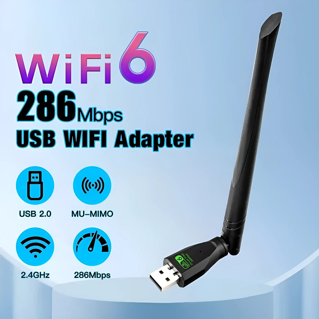 Black WiFi 6 wireless network card with USB connector for PC connectivity