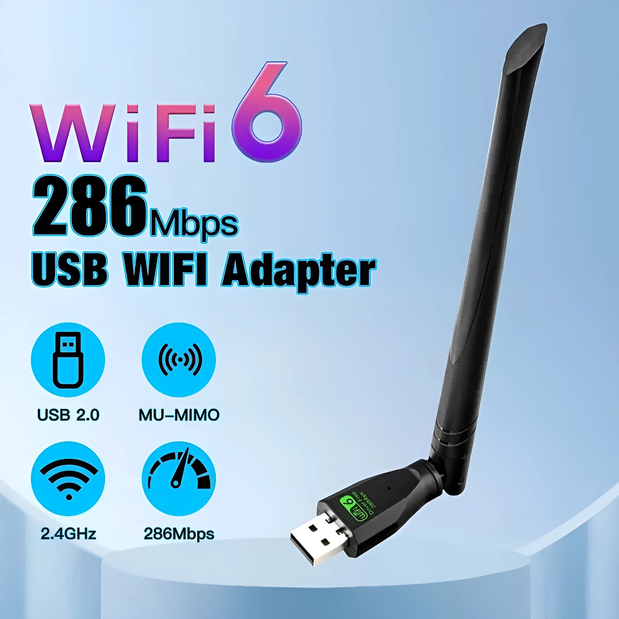Black WiFi 6 wireless network card with USB connector for PC connectivity