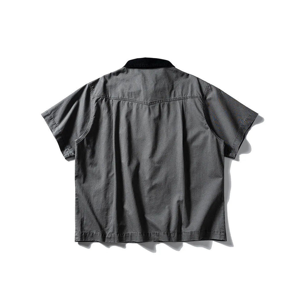 Short sleeve washed overalls shirt cardigan in loose fitting khaki or grey cotton