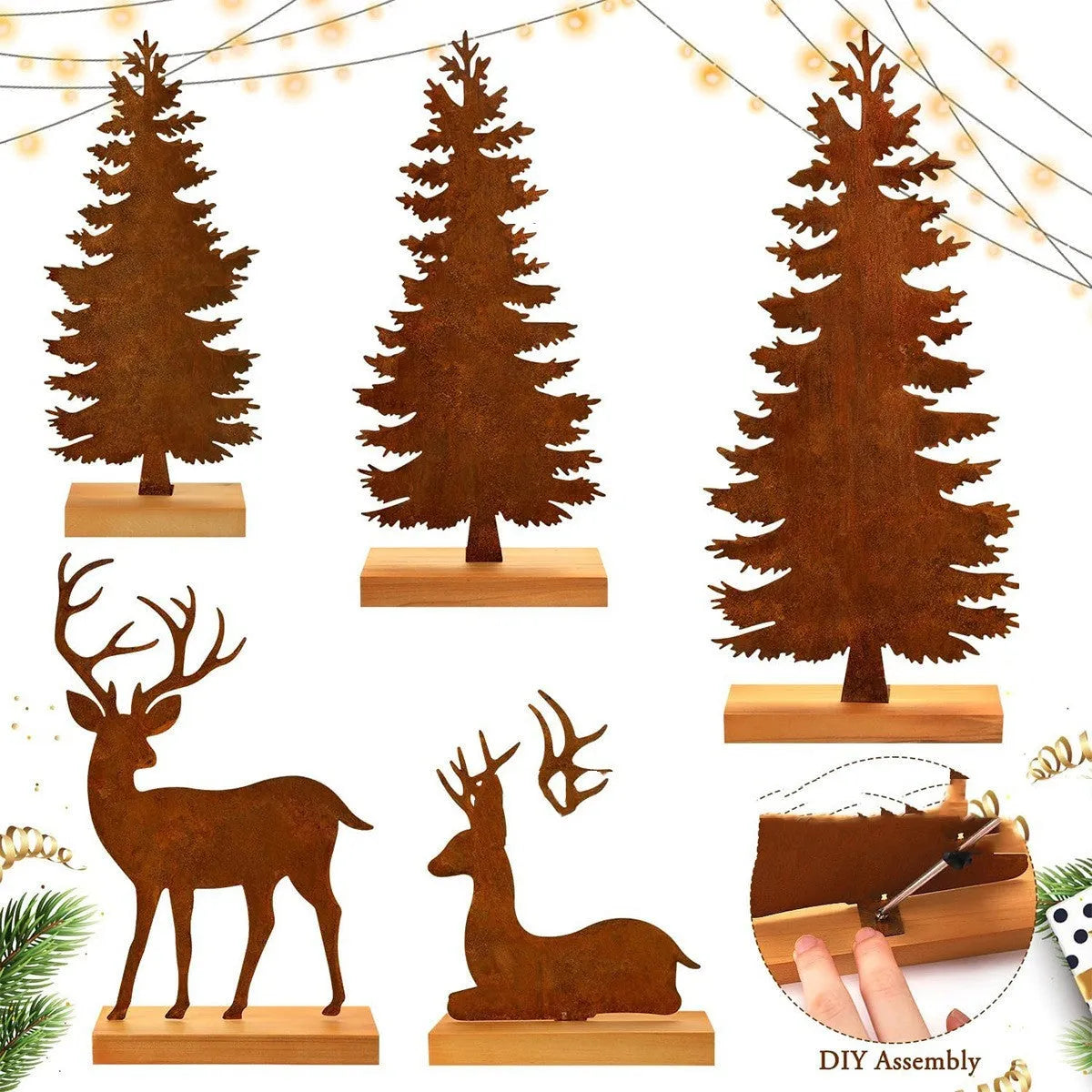 Set of three metal rustic elk Christmas tree decorations in vintage American style.