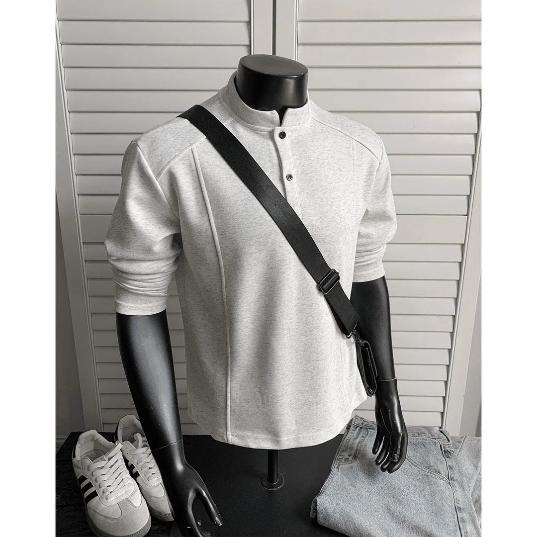 Men's loose fit asymmetric patchwork polo shirt with stand-up collar in heather gray.