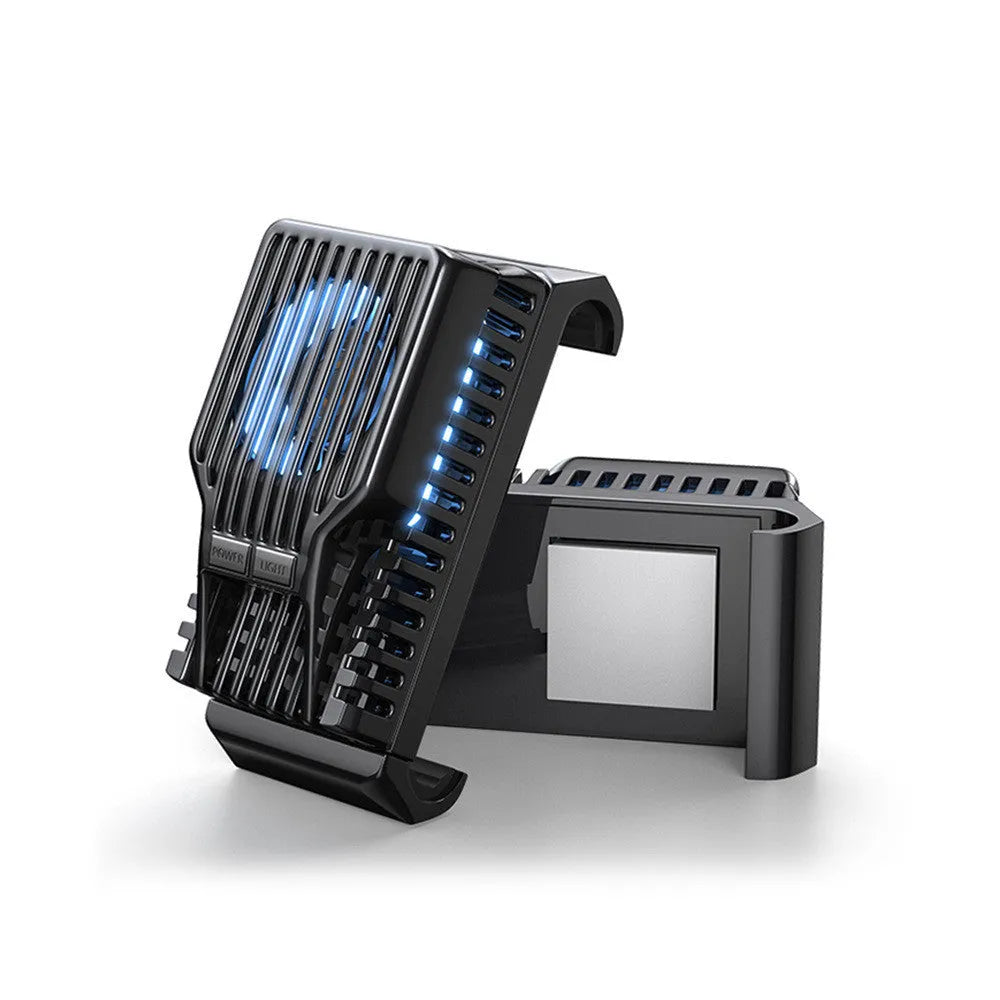 Black mobile phone radiator with clip, attached to a smartphone showing its aluminium alloy and ceramic construction.
