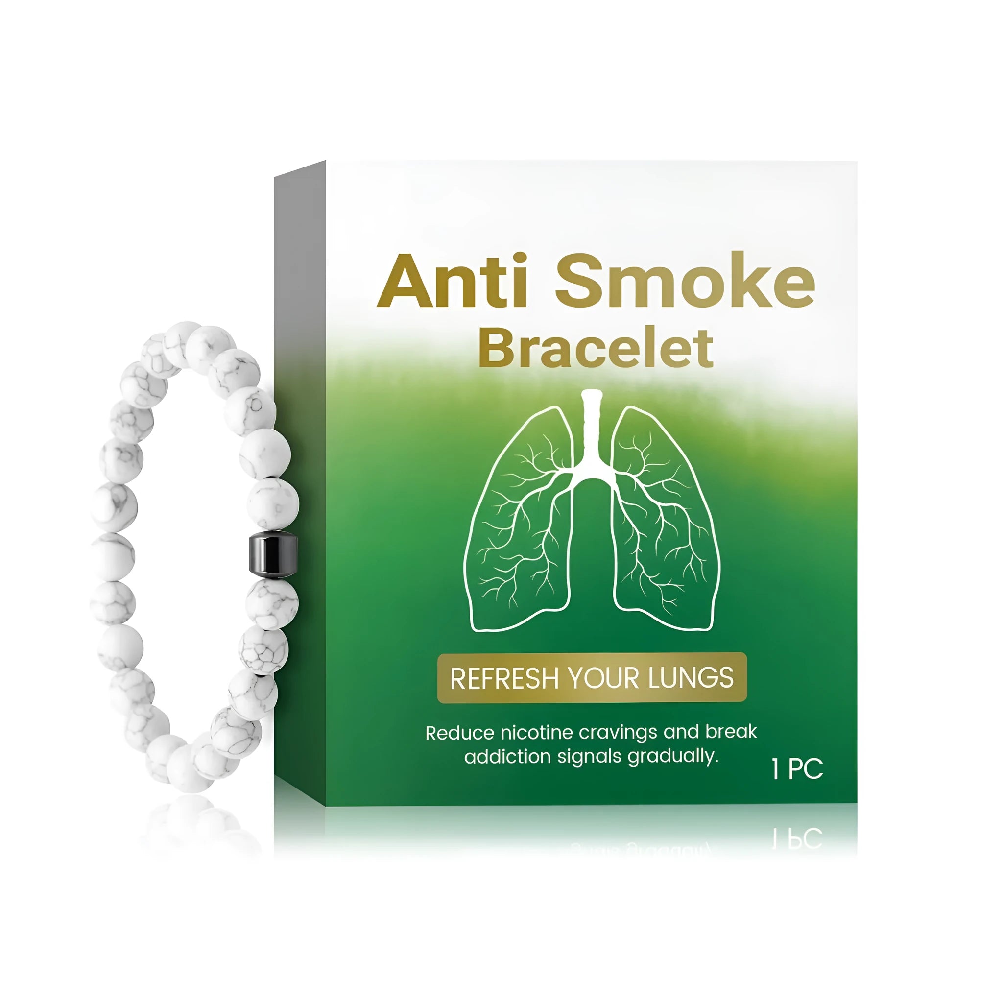 Close-up of a women's smoke prevention bracelet made from blue-green synthetic turquoise stone.