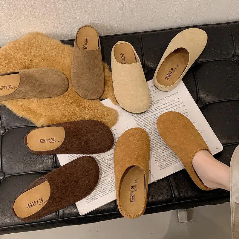 Korean-style women's outdoor slip-on slippers with square toe in apricot colour