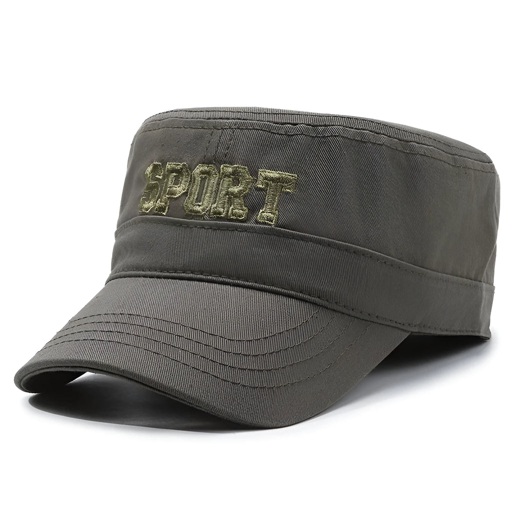 Men's adjustable cotton peaked cap in army green with dome crown and English letter detail