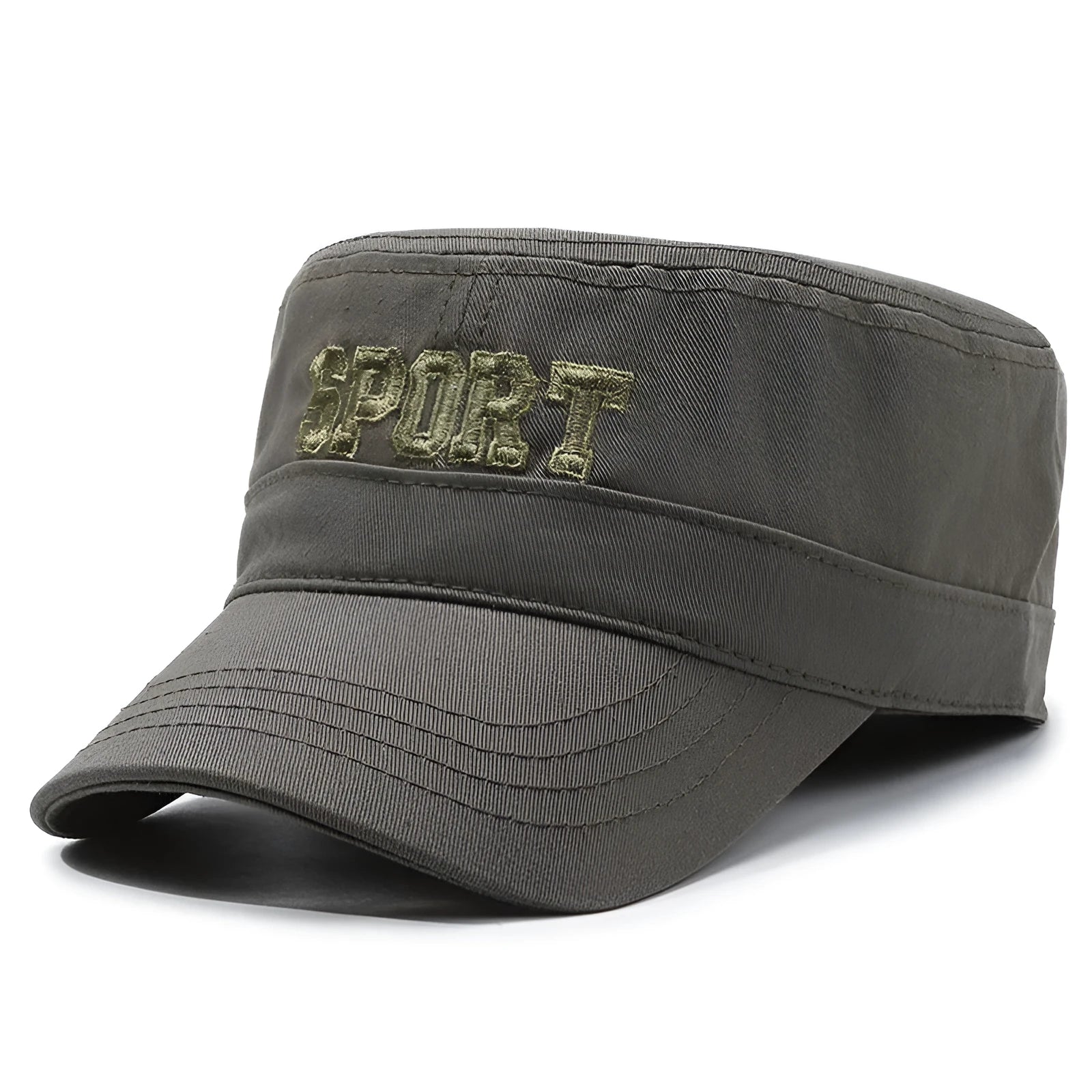 Men's adjustable cotton peaked cap in army green with dome crown and English letter detail
