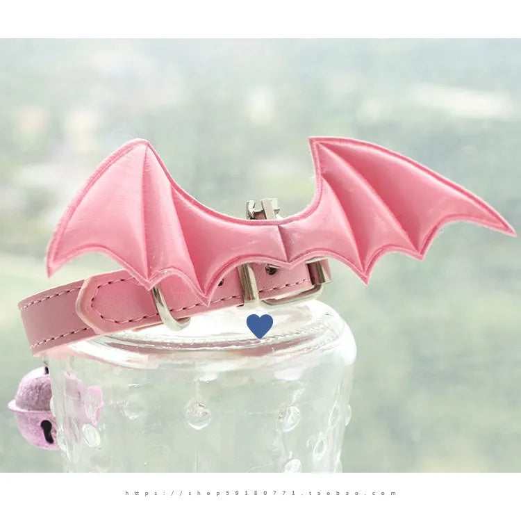 Leather BDSM collar with removable devil wings and bell in patent leather satin