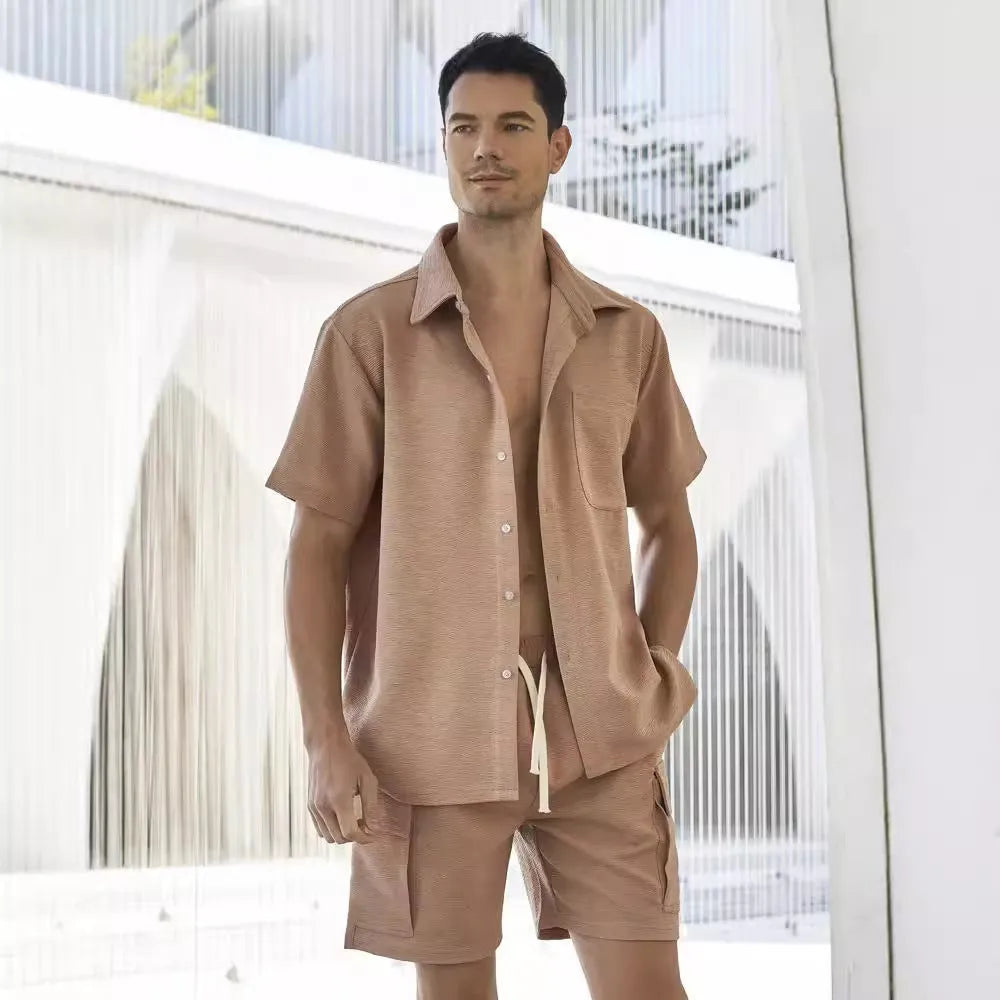 Women's plain two-piece casual set with short sleeve top and elastic waist shorts in beige.