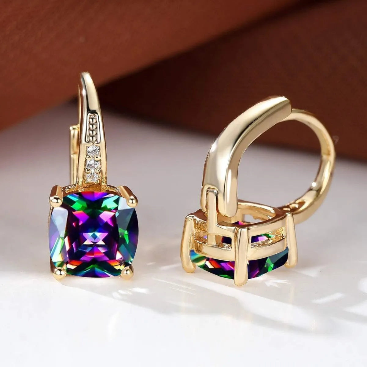 Square colourful moissanite geometric quadrilateral ear clip in gold electroplated copper