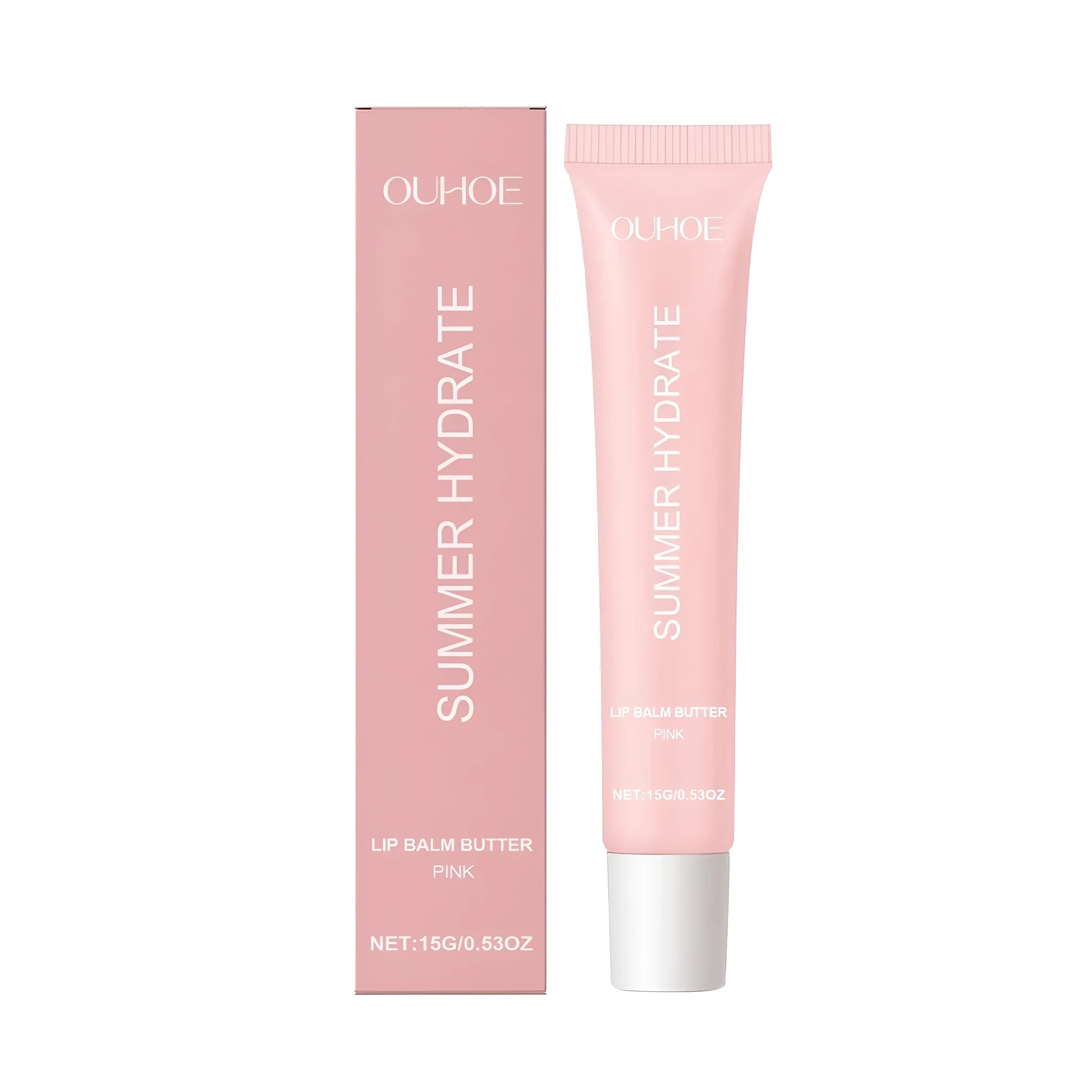 Pink lip balm butter stick containing shea butter, vitamin E, grape seed oil and olive oil