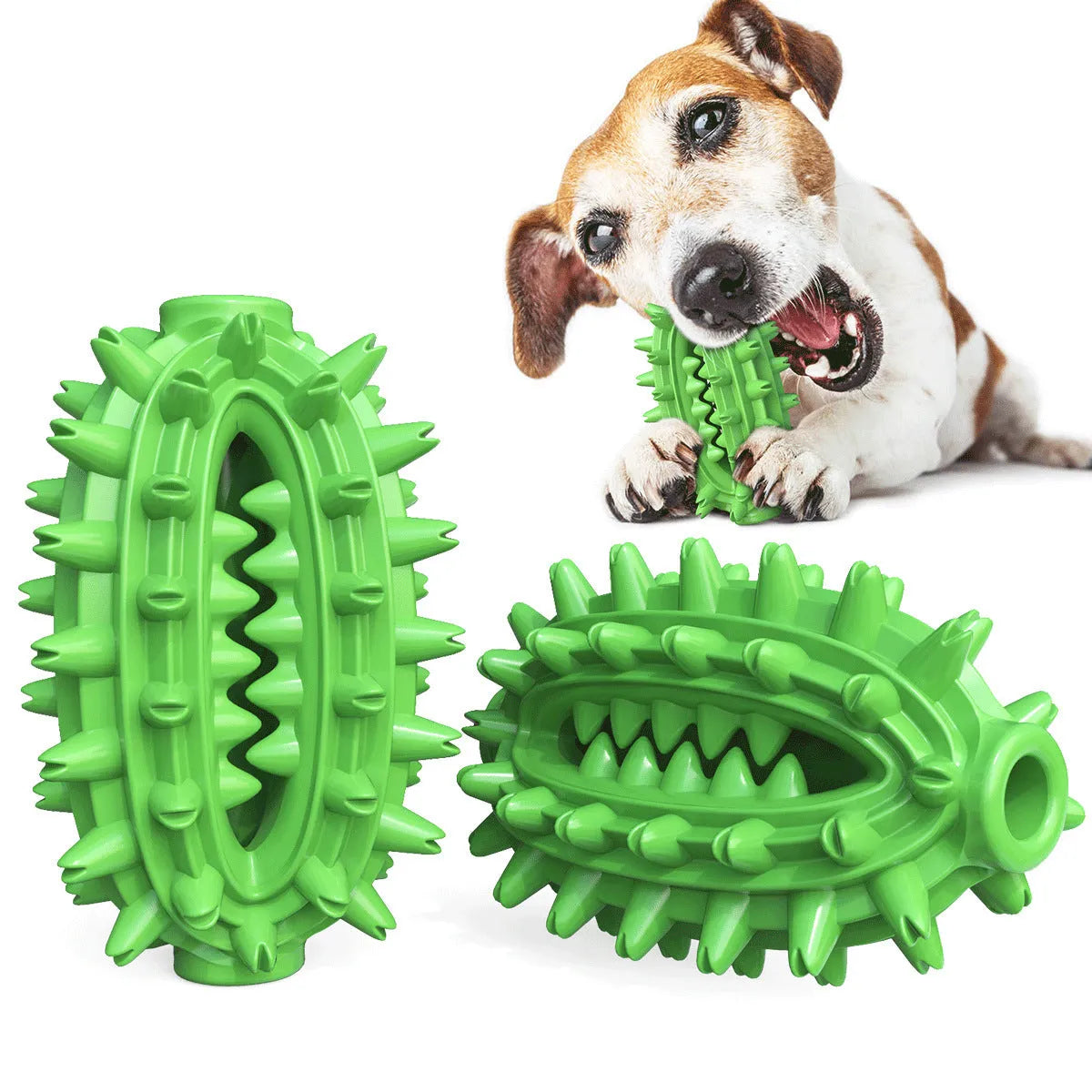 Green cactus-shaped dog chew toy with textured bumps and central food channel for dental cleaning
