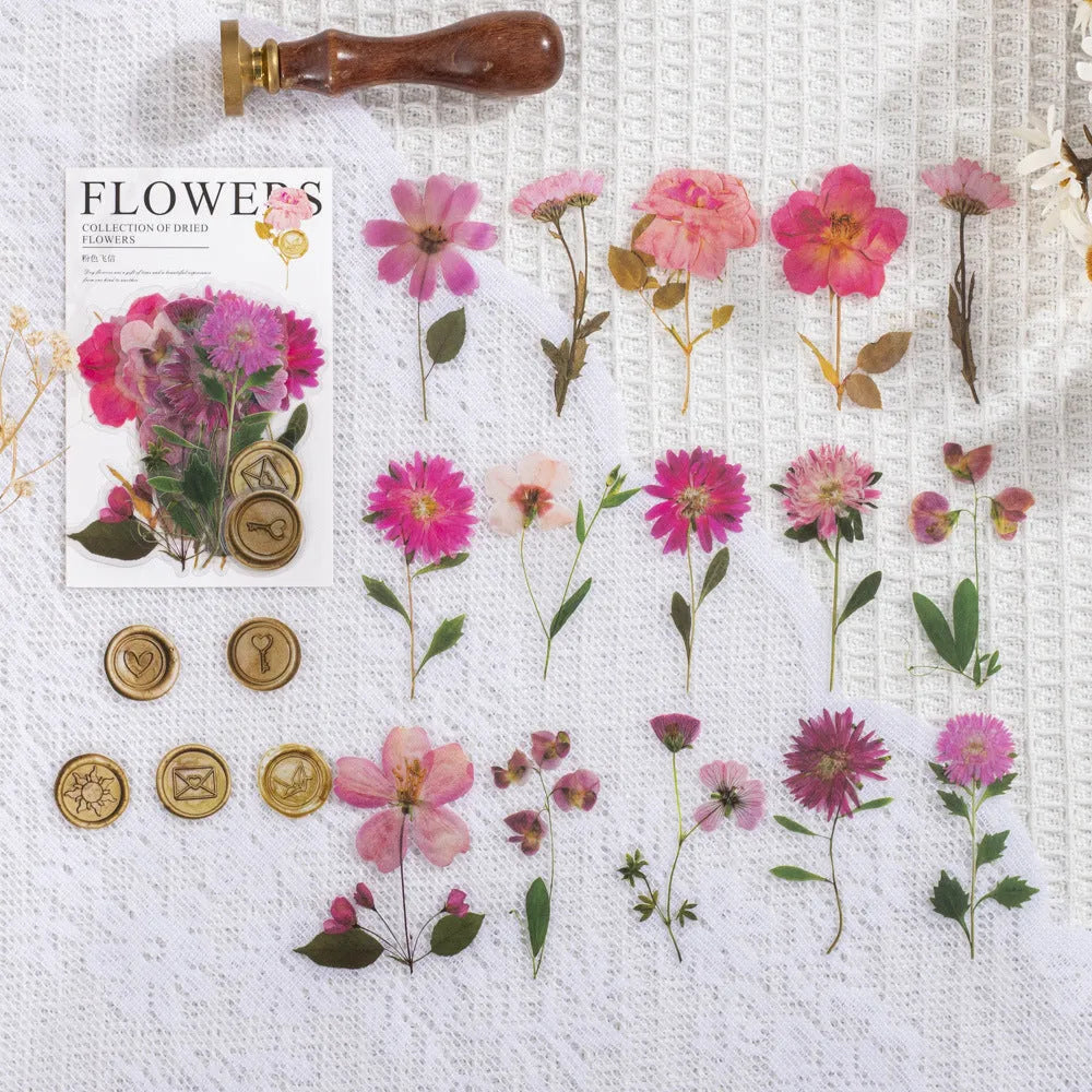 Package of 40 square dried flowers art sticker sheets in eight colour themes on a PET material base.