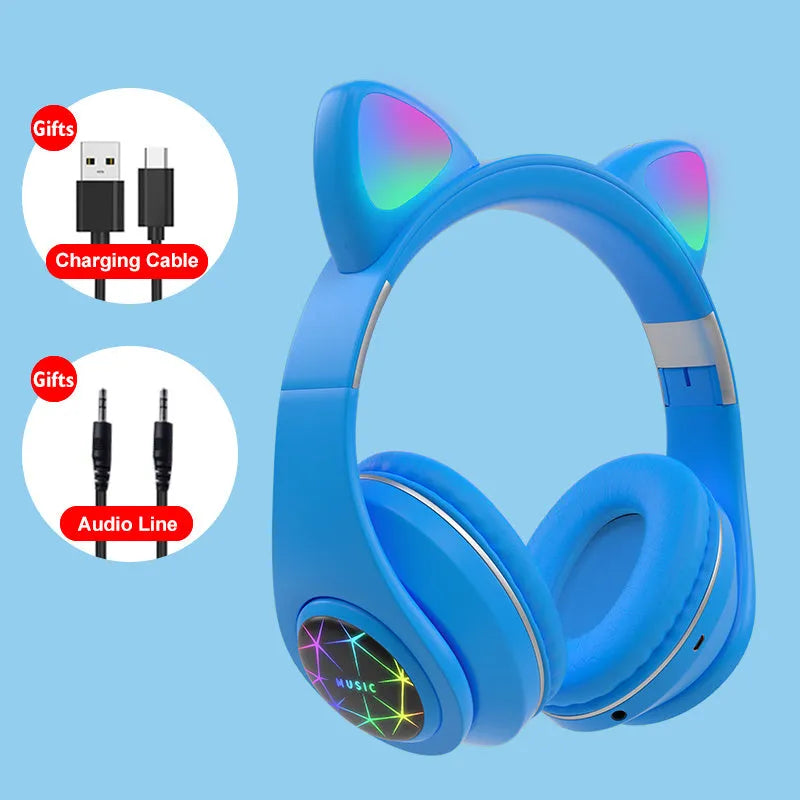 Cat ear wireless sports Bluetooth headphones in multiple colours showing head-mounted design