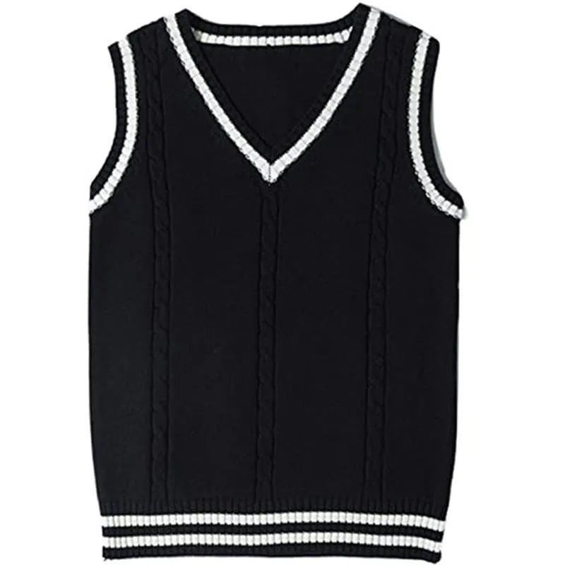 Women's slim-fit V-neck knitted waistcoat with striped stitching in acrylic fibre