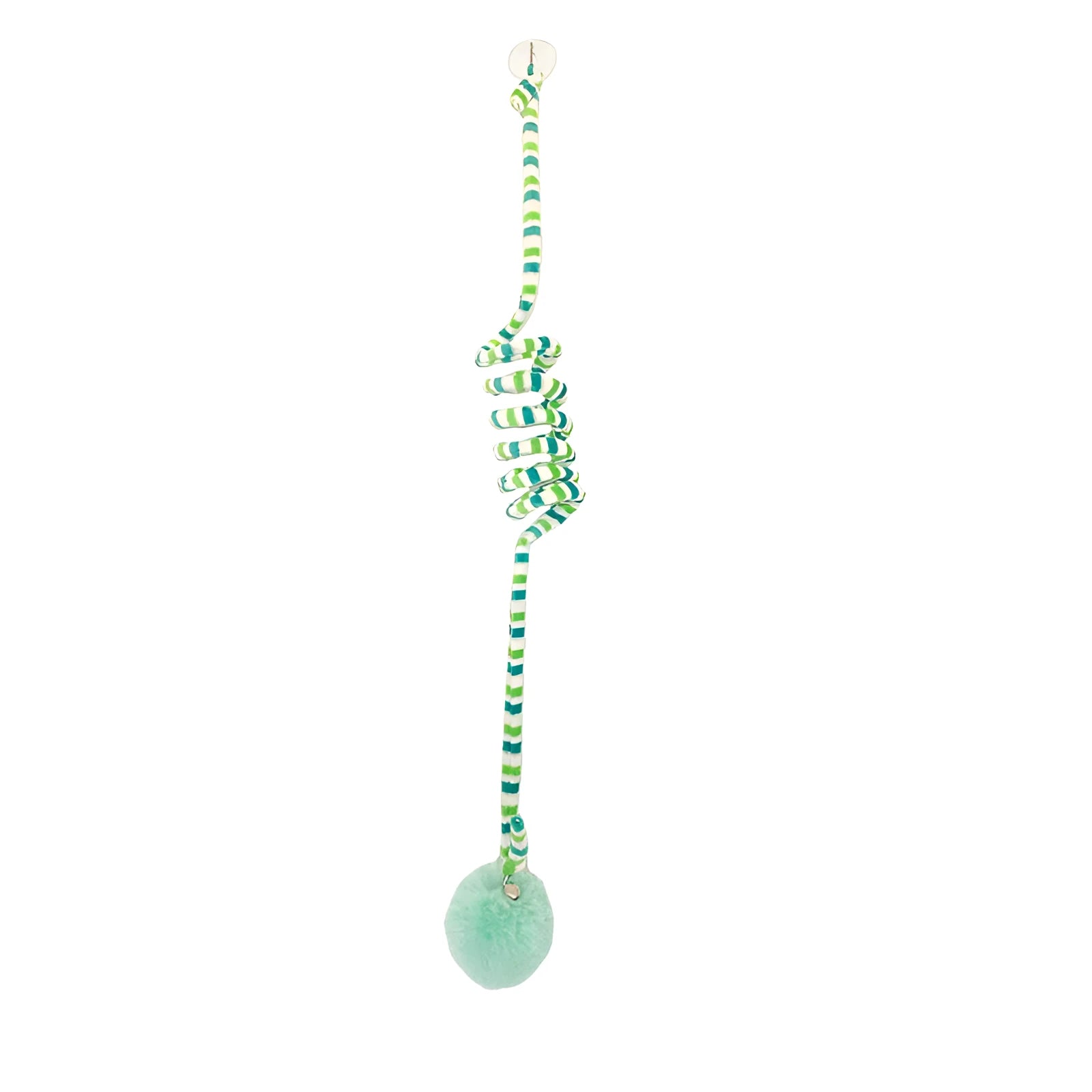 Colourful cat toy with spring bell stick and inflatable ball attached to a door by a suction cup
