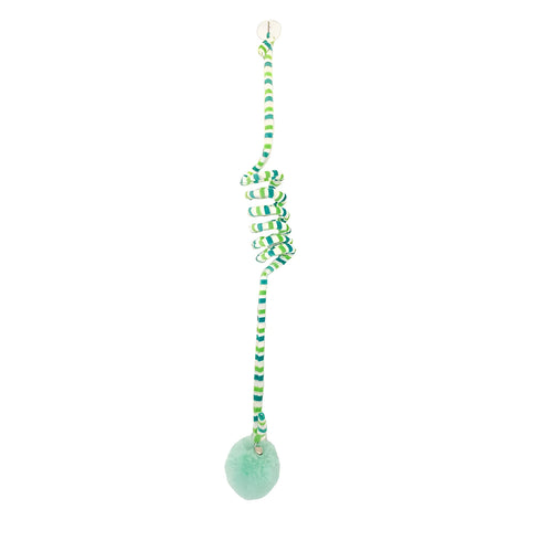 Colourful cat toy with spring bell stick and inflatable ball attached to a door by a suction cup